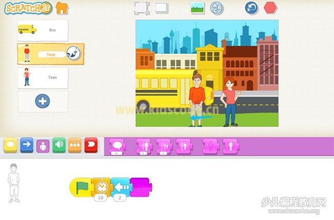 scratchjr图文教程：第三章我的故事【有序上车】kidscode.cn